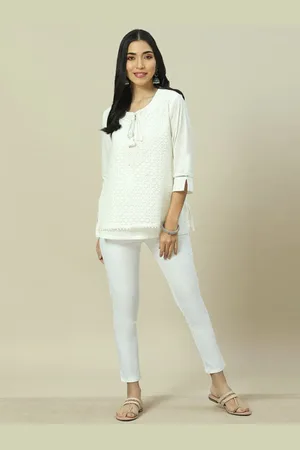 Rangriti Women Crochet Tie-Up Neck Self Design Cotton Top