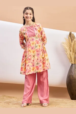 Stylo Bug Girls Floral Printed Round Neck A-Line Kurta With Palazzos