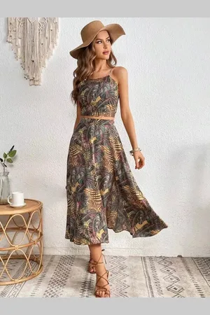 all about you Grey Tropical Printed Top With Skirt