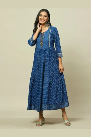 Rangriti Tie Up Neck Ethnic Motifs Print A-Line Maxi Dress