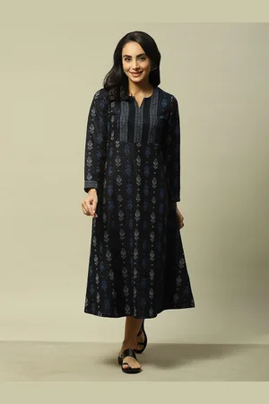 Rangriti Ethnic Motifs Printed Notch Neck A-Line Cotton Midi Dress