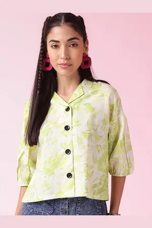 DressBerry Lime Green Floral Printed Cuffed Sleeves Shirt Style Top