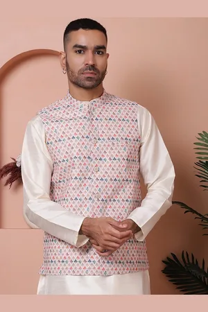 Jompers Floral Printed & Embroidered Satin Nehru Jacket