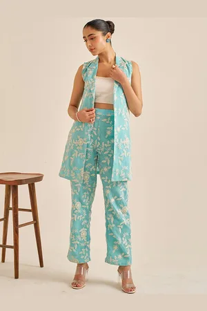 ALAYA Embroidered Pure Cotton Coat With Top & Trousers Co-Ords
