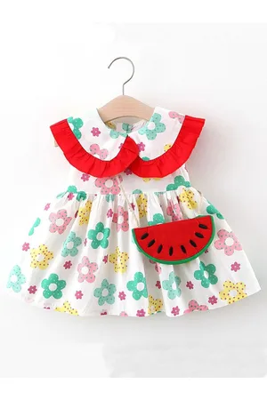 Bold N Elegant Girls Floral Printed Cotton Peter Pan Collar Fit & Flare Dress With Purse