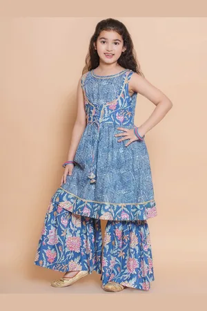 Bhama Girls Floral Printed Gotta Patti Pure Cotton Anarkali Kurta with Sharara