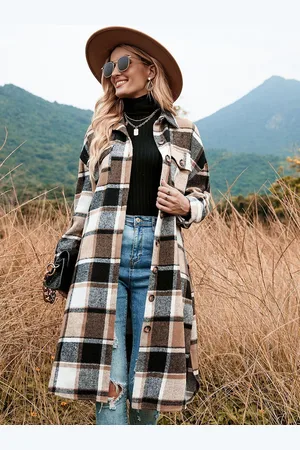 Mast & Harbour Khaki Coloured Checked Spread Collar Longline Open Front Jacket