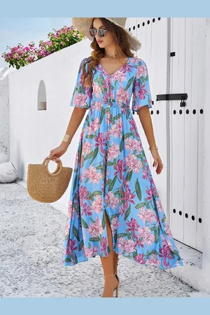 all about you Floral Print Flared Sleeves Smocked Fit & Flare Midi Dress
