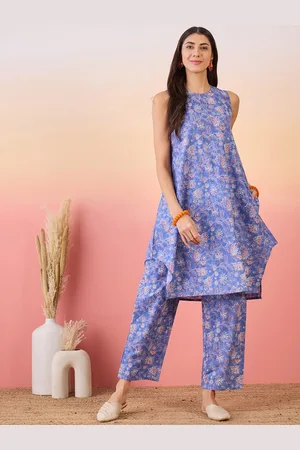 InWeave Floral Printed Round Neck Sleeveless Pure Cotton Kurta with Trousers