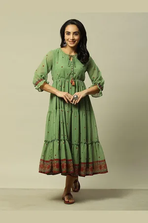 Rangriti Ethnic Motifs Printed Tie-Up Neck Maxi Dress