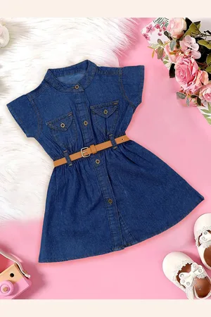 Bold N Elegant Girls Mandarin Collar Denim Shirt Dress With Belt