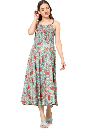 Kalini Women Floral Printed Shoulder Straps Smocked Fit & Flare Midi Dress