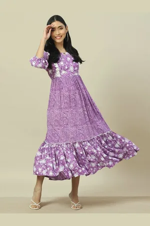 Rangriti Round Neck Puff Sleeves Ethnic Motifs Print A-Line Midi Dress