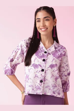 DressBerry Purple Floral Printed Cuffed Sleeves Shirt Style Top