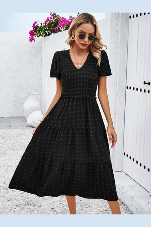 all about you Polka Dots Print V-Neck Flutter Sleeves Smocked Tiered Flared Midi Dress
