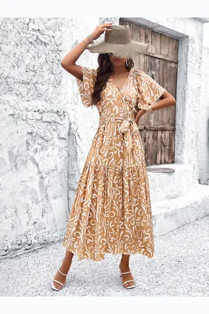 all about you Abstract Print V-Neck Flutter Sleeve Belted Tiered Fit & Flare Midi Dress