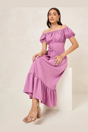 Styli Off-Shoulder Puff Sleeve Fit & Flare Midi Dress