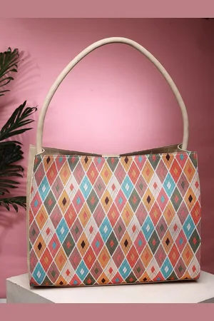 Sangria Beige Floral Printed Structured Tote Bag
