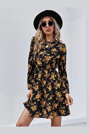 Mast & Harbour Black & Yellow Floral Print A-Line Dress