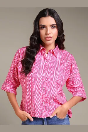 Roadster The Lifestyle Co. Pink & White Geometric Printed Cotton Shirt Style Tops