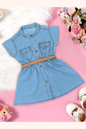 Bold N Elegant Girls Mandarin Collar Denim Shirt Dress With Belt