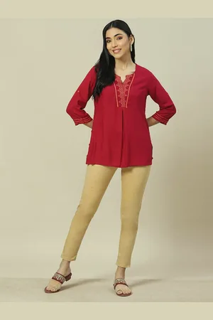 Rangriti Women Round Notched Neck Ethnic Print Top