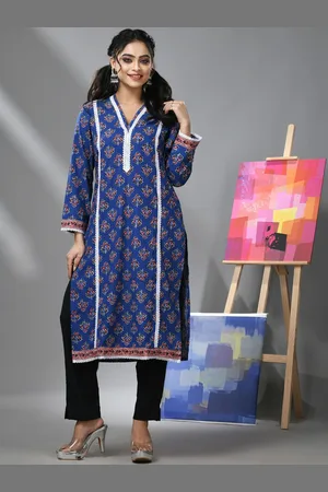 Charukriti Floral Printed Thread Work Cotton A-Line Kurta