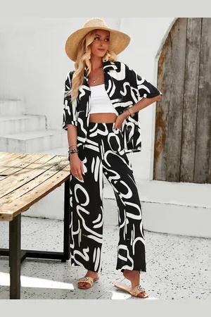 Mast & Harbour Black & White Abstract Printed Shirt With Trousers Co-Ords