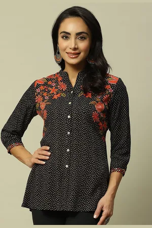 Rangriti Women Polka Dots Printed Mandarin Collar Shirt Style Top
