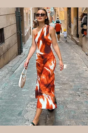 all about you Red Abstract Printed One shoulder Sleeveless Maxi Dress