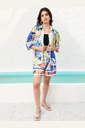 ATHENA White & Blue Tropical Printed Shirt With Printed Shorts Co-Ords