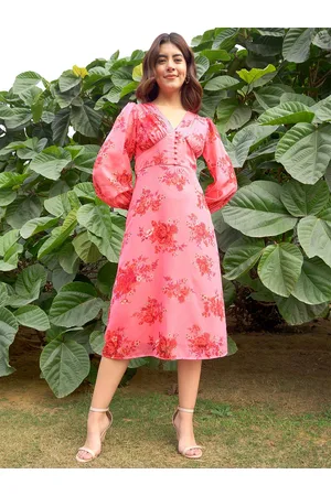 Rare Fashion Floral Printed Puff Sleeves A-Line Midi Dress
