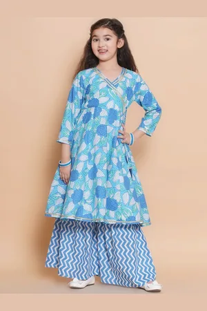 Bhama Girls Floral Printed V-Neck Gotta Patti Pure Cotton Kurta with Sharara