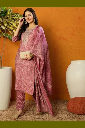 Ahika Pink Bandhani Printed Yoke Design Zari Work Kurta With Trousers & Dupatta