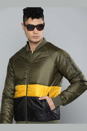 Flying Machine Men Olive Green Yellow Colourblocked Lightweight Bomber Jacket