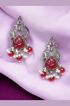 Sangria Silver-Toned Stones Studded & Beads Beaded Contemporary Drop Earrings