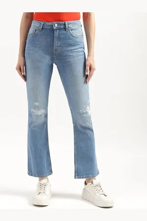 Benetton Women Bootcut High-Rise Low Distress Light Fade Jeans