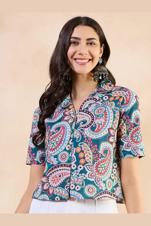 Anouk Cotton Multi Printed Roll-Up Sleeves Shirt Style Top