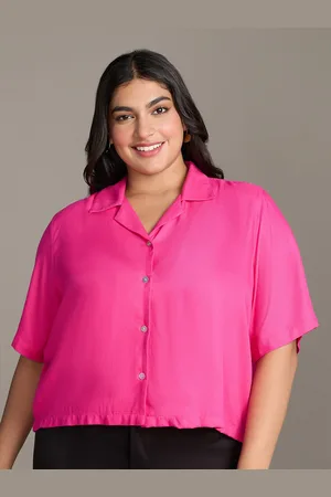 20Dresses Plus Size Fuchsia Cuban Collar Short Sleeves Crop Casual Shirt