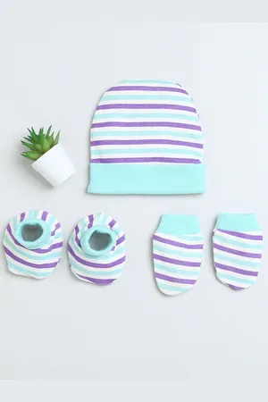 BUMZEE Infant Boys Striped Cotton Beanie With Mitten & Booties