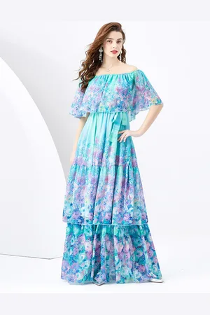 JC Collection Floral Printed Off-Shoulder Maxi Dress