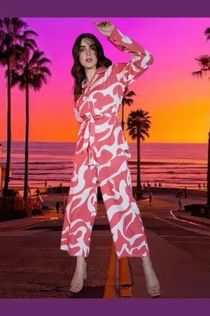 BAESD Women Printed Pure Cotton Loose-Fit Belted Shirt & Palazzos Co-Ords set
