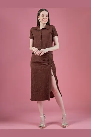 DressBerry Women Self Design Shirt with Long Slit Skirt Co-Ords Set
