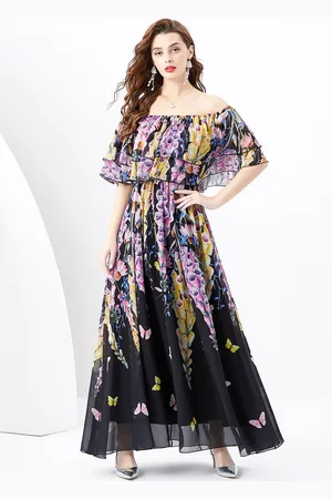 JC Collection Floral Printed Off-Shoulder Cape Sleeve Maxi Dress