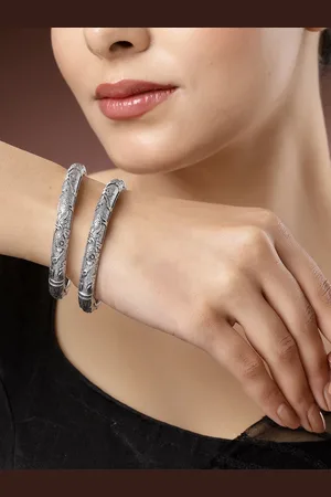 NVR Women Silver-Toned German Silver Floral Oxidised Kada Bangle