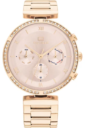 Tommy Hilfiger Women Beige Embellished Dial & Gold Toned Stainless Steel Bracelet Style Straps Analogue Watch