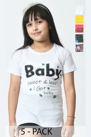 BAESD Girls Typography Pack of 5 Printed Applique T-shirt