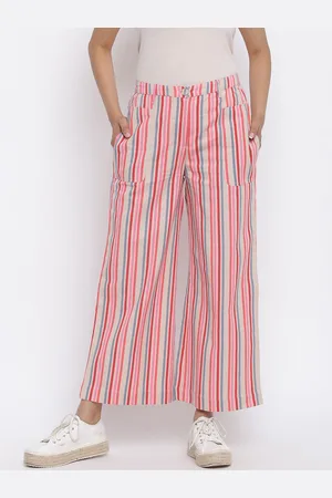 Fabindia Women Red Striped Cotton Linen Slim Fit Casual Trousers