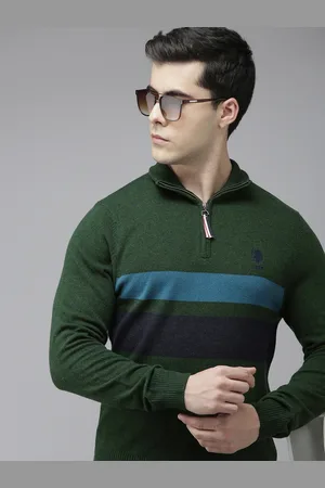 Ralph Lauren U S Polo Assn. Denim Co. Men Olive Green & Blue Striped Pullover Sweater