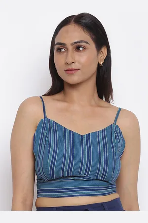 Fabindia Teal Blue Striped Blouson Crop Top